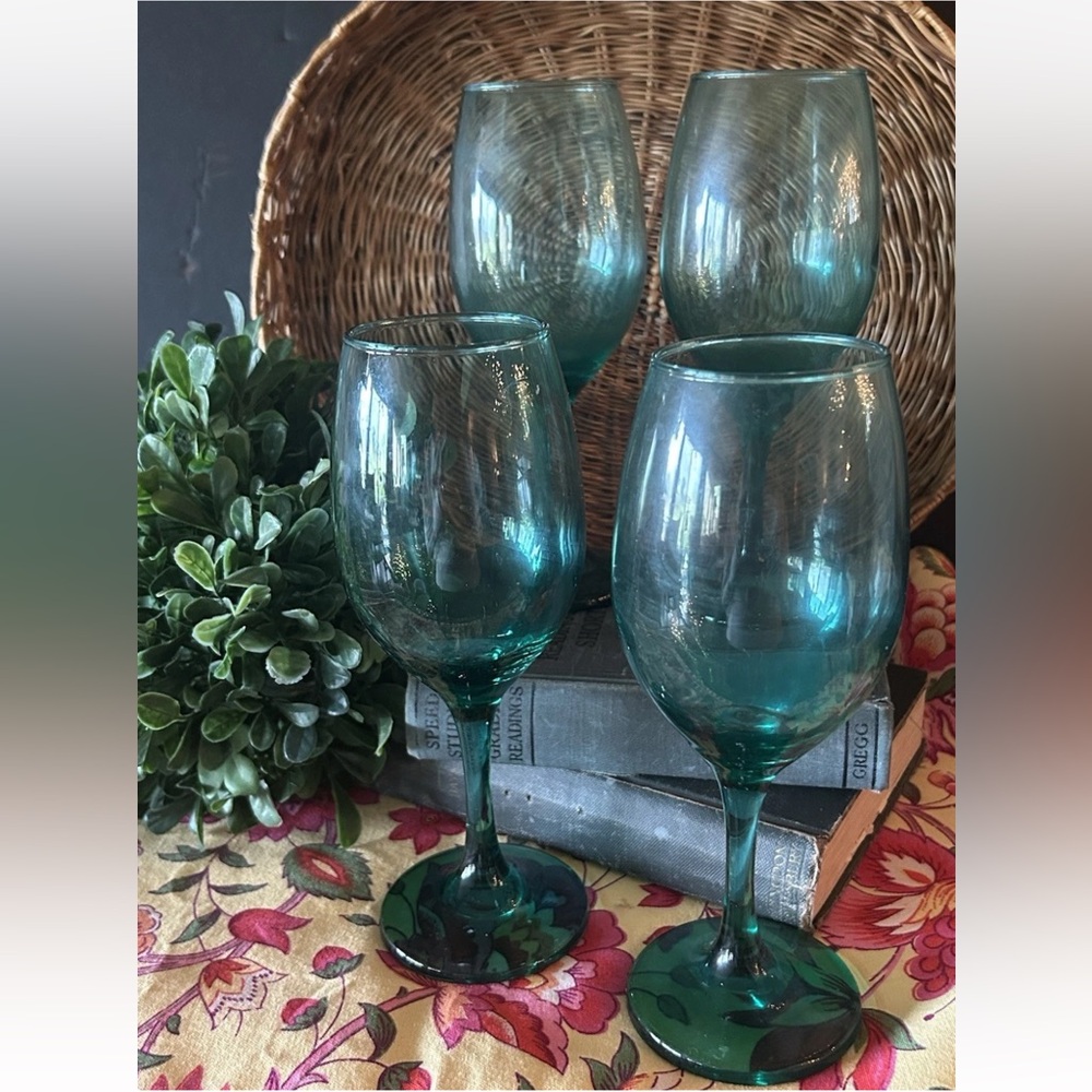 4 Vintage Cristar Translucent Turquoise Blue /Green Stemmed Wine Glasses EC.